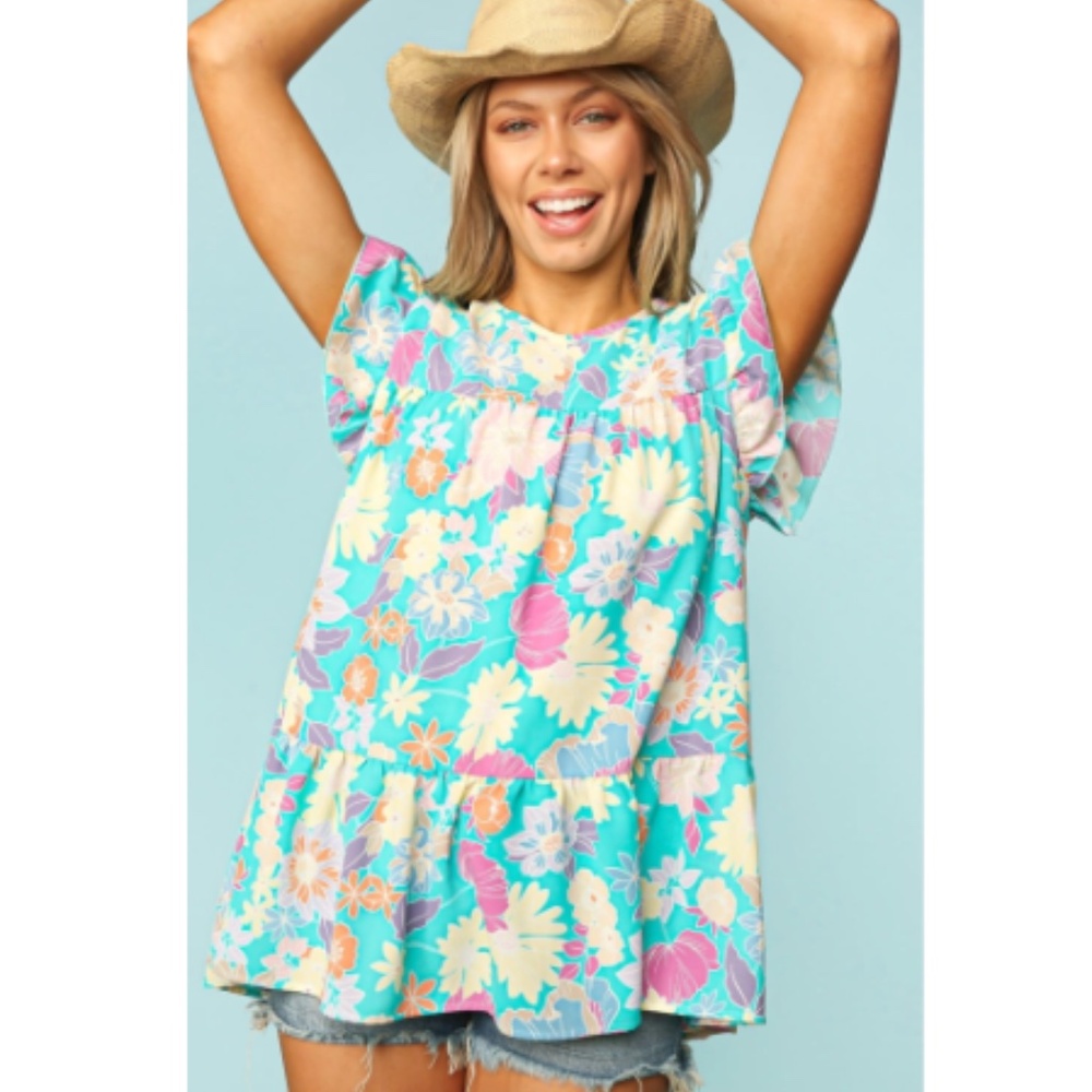 "The Bryn" Blue Tiered Floral Frill Sleeve Top